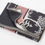 Charcoal Grey Alpine Style Forest Life  Blanket  With Stag and Red Gingham Band-sylt