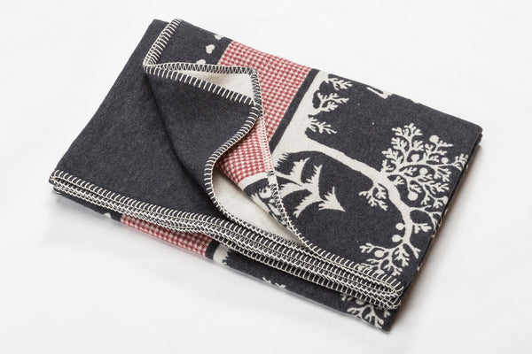 Charcoal Grey Alpine Style Forest Life  Blanket  With Stag and Red Gingham Band-sylt