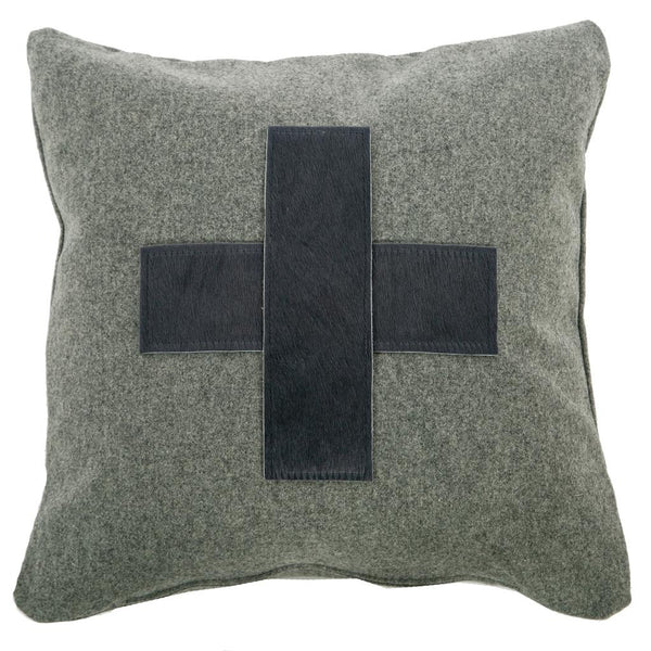 Modern Alpine Style Grey Wool Cushion With Cowhide Cross